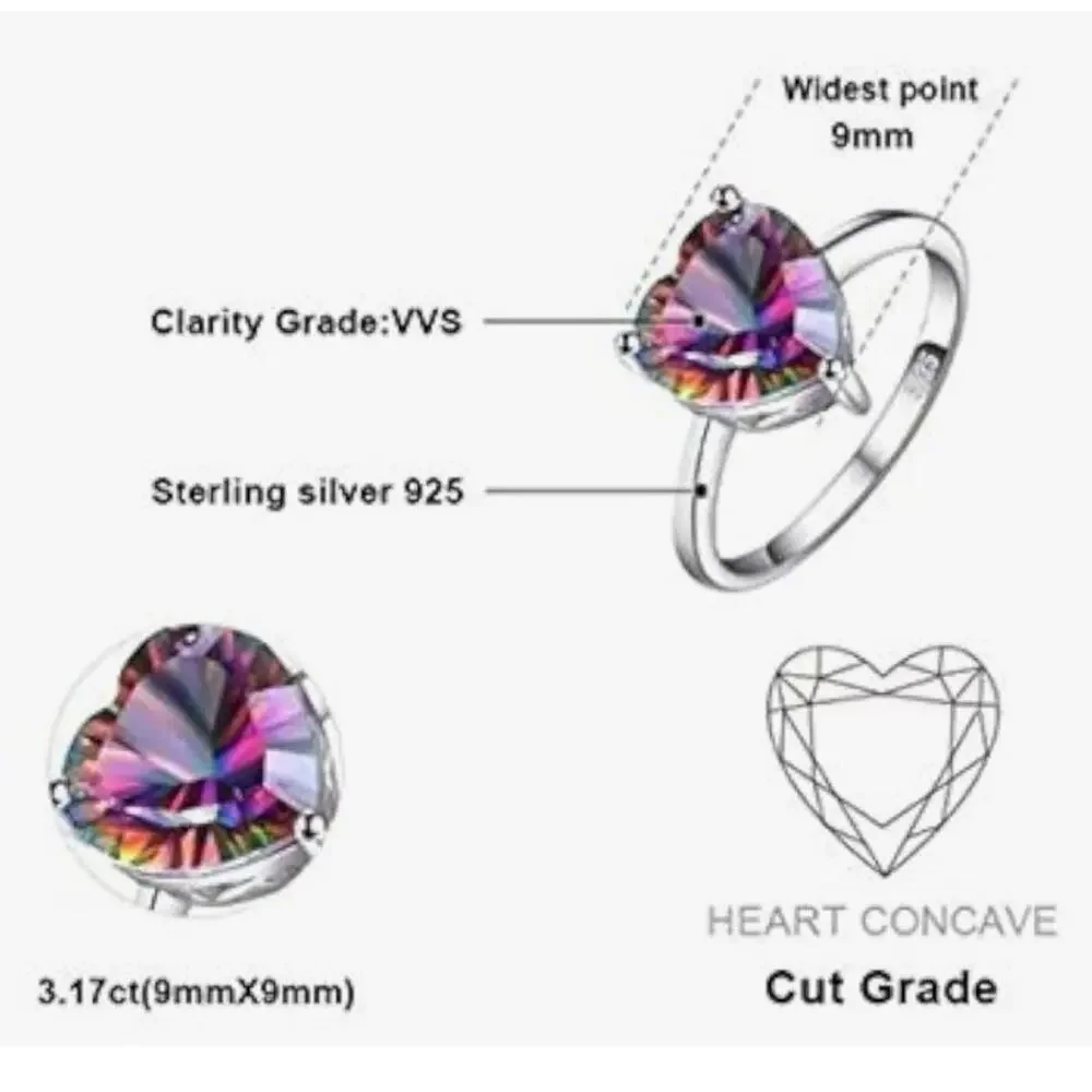 925 Sterling Silver Heart Rainbow Crystal Ring Size 9 Platinum Plated New